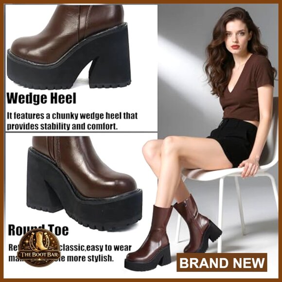 Wedge Heel Ankle Boots Platform Zipper Punk Motorcycle Booties Chunky Block - Picture 4 of 7